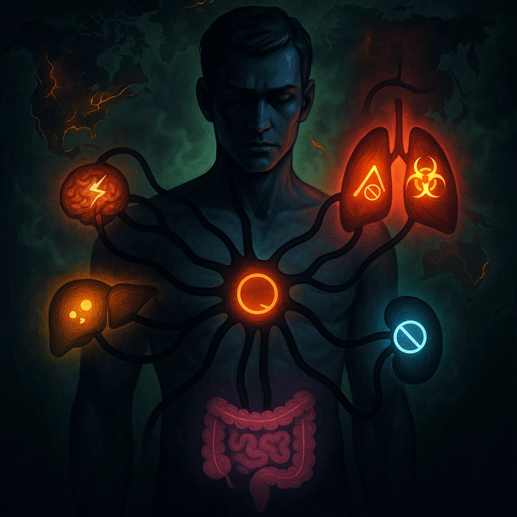 semi-realistic, high contrast human figure, black worm-like forms radiate to organs, each organ with a colored glow and a disease symbol, world map, glowing fissures, green mist, allegorical, focus on prevention and awareness emoji