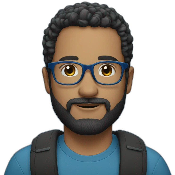 man 41 years old, tiny beard, black hair with silver with blue glasses, french emoji