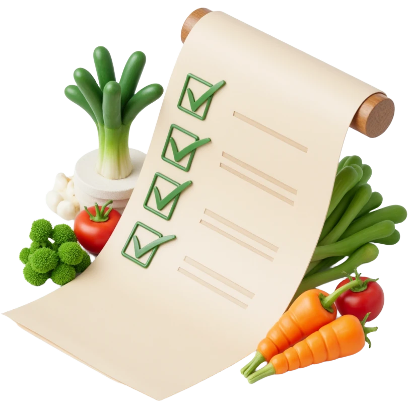 floating rolled paper list with green checkboxes and around vegetables emoji