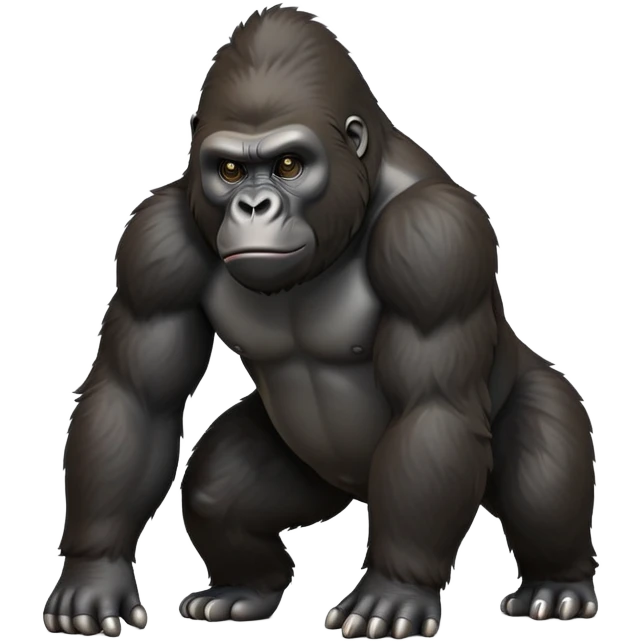 cinematic-gorilla-realistic-full-body-on all fours-emoji,-exuding-strength,-thick-dark-fur-in-the-light,-head-tilted-dramatically,-deep-dark-eyes-filled-with-intense-intelligence,-simplified-yet-realistic-focused-features,-highly-detailed,-glowing-with-an-almost-sarcastic-glow emoji