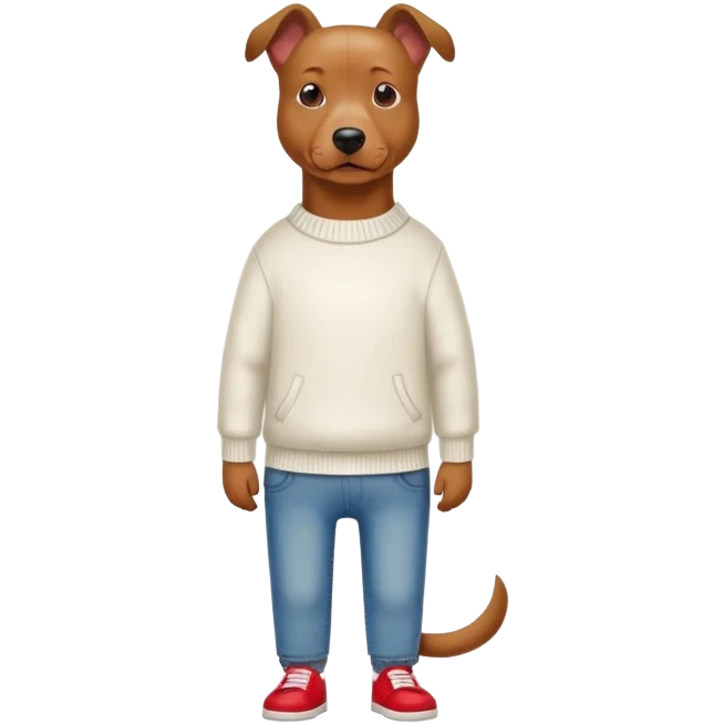 Brown dog standing upright with hands in jean pockets, wearing a white sweater and red shoes emoji