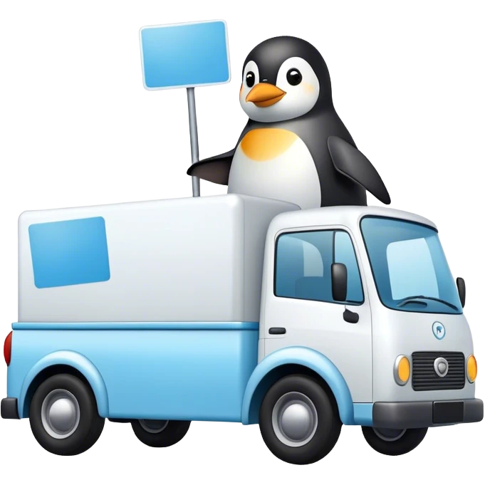 Camion blanc avec fiche bleu clair et pinguoin dessus emoji