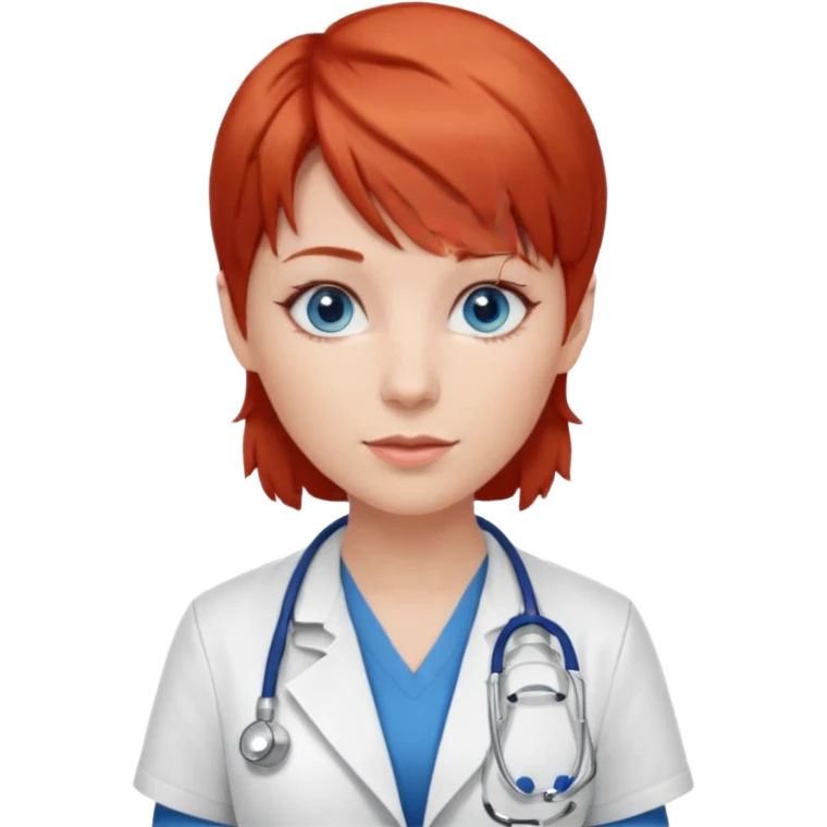 female doctor with short red hair, blue eyes, and bangs emoji