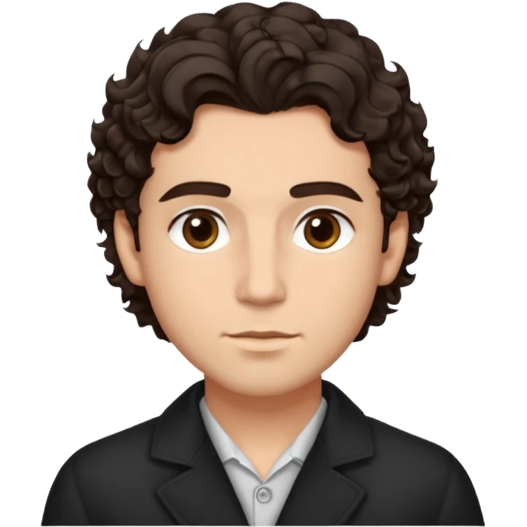 He’s a man with light to medium skin, a defined oval face, full brows, deep-set eyes, and wavy to curly dark brown hair styled with height, sides are trimmed. expression calm and focused relaxed black open-collar .polished, articulate, and trainer vibe. emoji