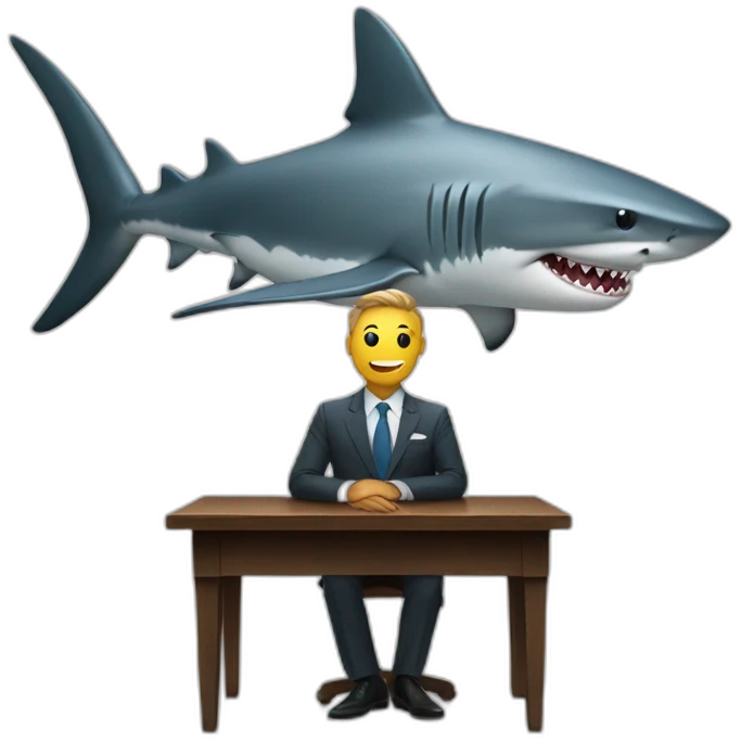 A shark sitting on a table wearing a suit looking straight emoji