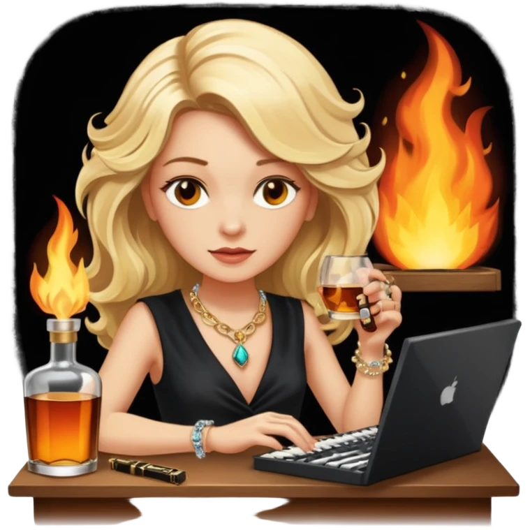 A sketchnote illustration rendered in a strong moody style, featuring a blonde woman with cascading gorgeous hair, a keyboard, a whiskey bottle, a key, a jewelry box, and fire elements against a black background. The lighting is low with low contrast, emphasizing dramatic shadows. emoji