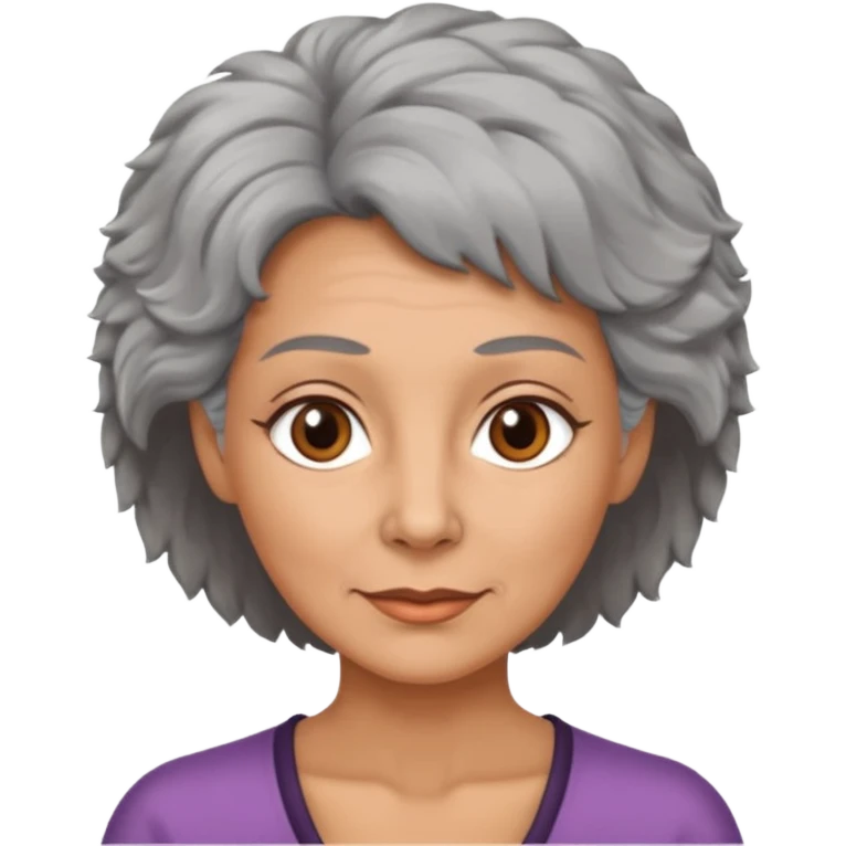 woman 50 years old, shaved grey fluffy hair, tannes skin and brown eyes emoji