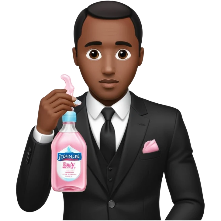 A realistic product shot of a transparent bottle of Johnson’s Baby Oil by Johnson & Johnson, featuring a soft pink label. The oil inside is crystal clear and glossy. Sean "Diddy" Combs in black suit is holding the bottle emoji