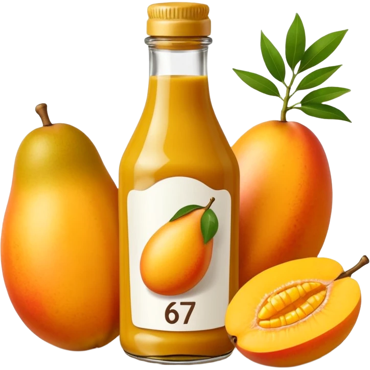 Bottle of mustard that says 67 with mangoes next to it emoji