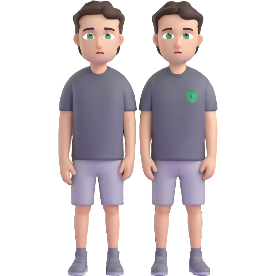 white man with dark messy short hair, dark green eyes, wearing a gray t-shirt emoji