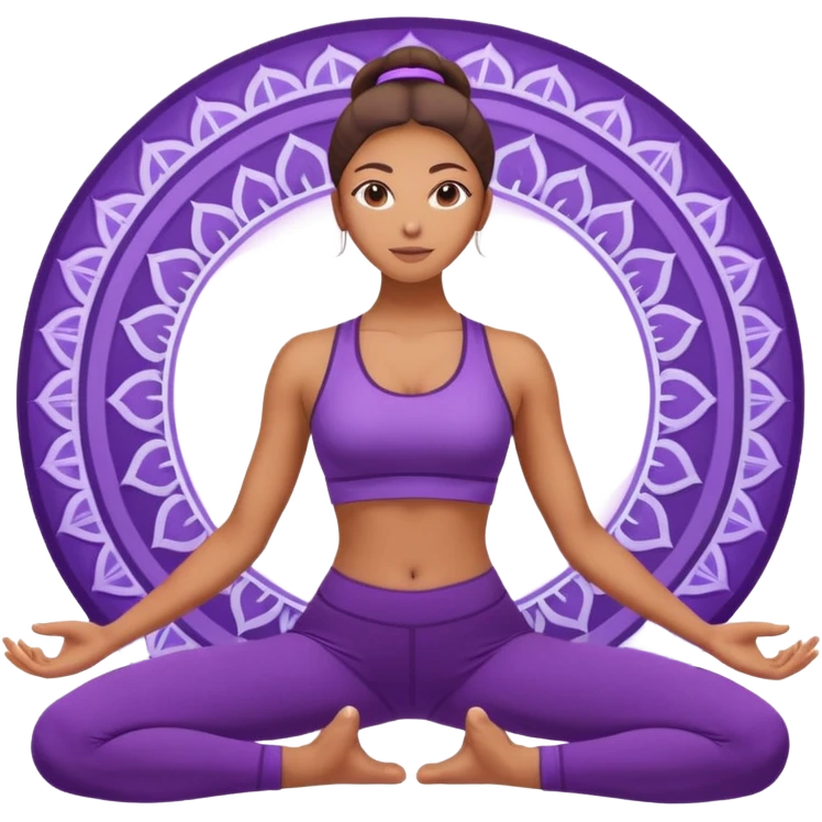 A woman in purple activewear lifting her hips in bridge pose, glowing light, gentle mandala pattern behind. emoji