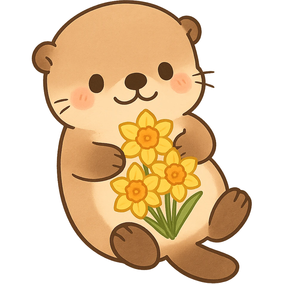 Sea otter with daffodils on its belly, cartoon style, Q version sticker style, simple and cute emoji