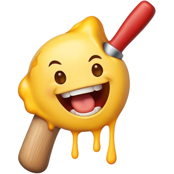 Happy emojis with mouth open and yellow hammer with burns coming out of mouth blunt side out emoji