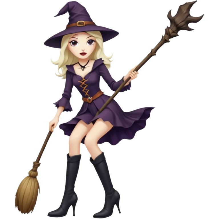 Tall thin witch on a broomstick wearing very high heeled boots emoji