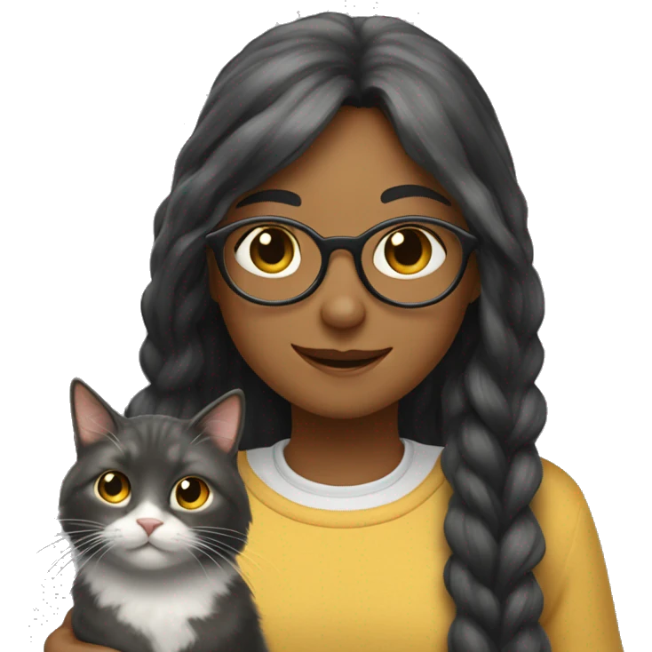 A long-haired girl with round glasses is petting a cat. emoji
