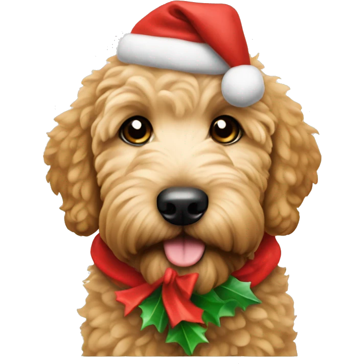Golden doodle puppy with a Christmas costume  emoji