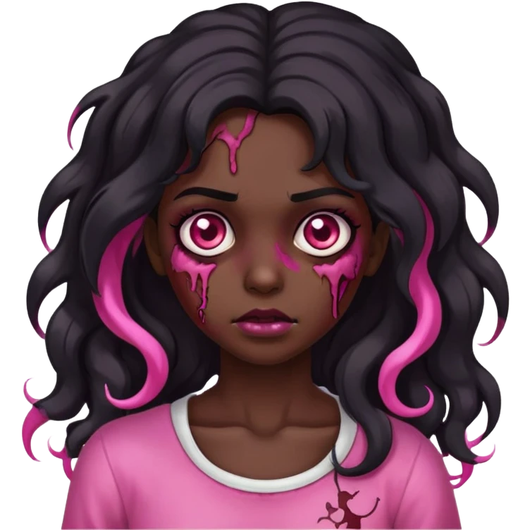 Garota zumbi, cabelo preto grande ondulado, apenas uma mecha rosa no lado esquerdo  emoji