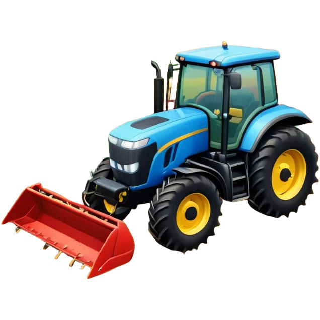 An icon representing a farming simulator, with a detailed tractor with a colorful rural landscape, plowing fields under a bright sky. The design includes farming tools, crops and barns, symbolizing the immersive experience of managing a farm. Transparent background. emoji