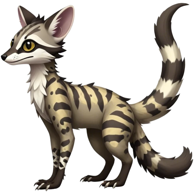 Feral Rare Fantasy dark tropical Vernid-Sergal-Genet-Trico-species by LiLaiRa, random markings, tufted tail, tufted ears, full body emoji