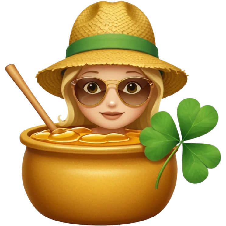 A hunny playing or eating out of a big pot of honey (like the one Winnie the Pooh played with) and have a Irish four leaf clover ground cover and a beach back drop  emoji