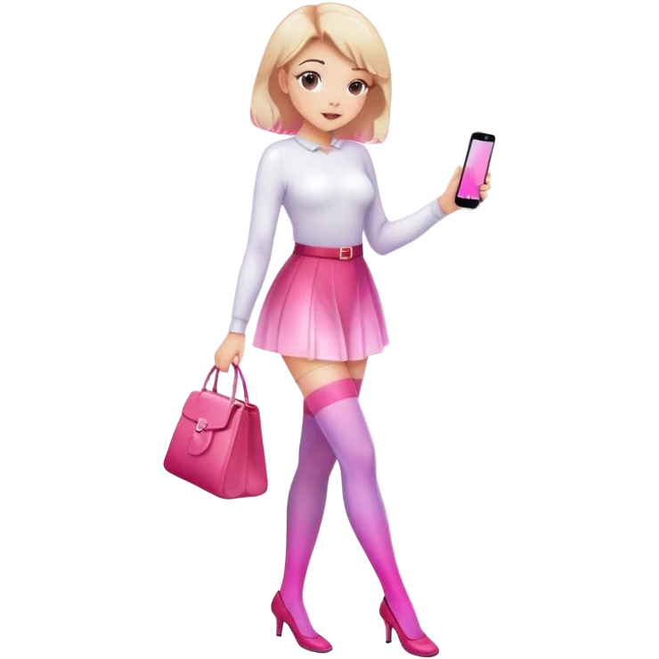 Cute girl character in stockings adjusting fashion accessory, pink gradient, glass effect, minimalist design emoji