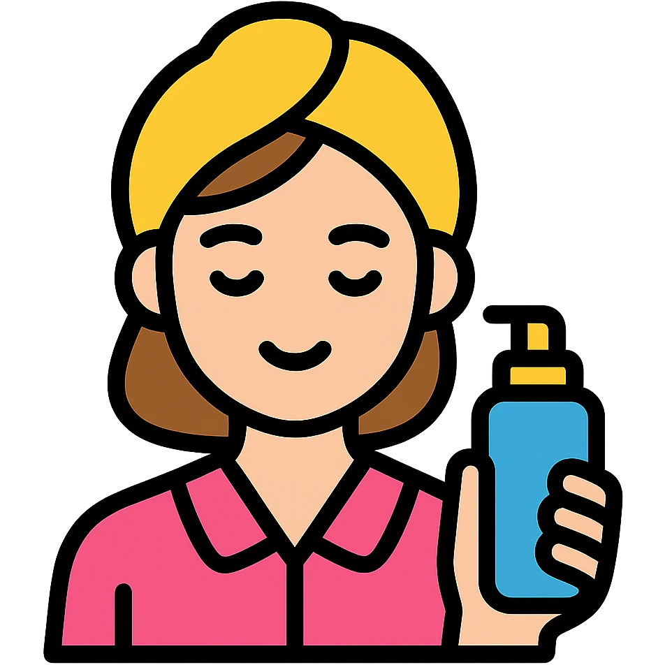 preppy girl with a towel headband, holding skincare bottle emoji