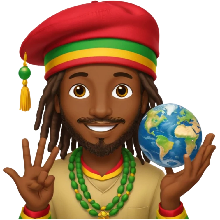 A rasta man bigging up di whole world 🎯🌍👊🏾👊🏻👊🏿🌍🎯 reggae vibes 🎶, love and unity ✨💛💚❤️, every nation stand strong 🇯🇲🌐 with the world in his hand emoji