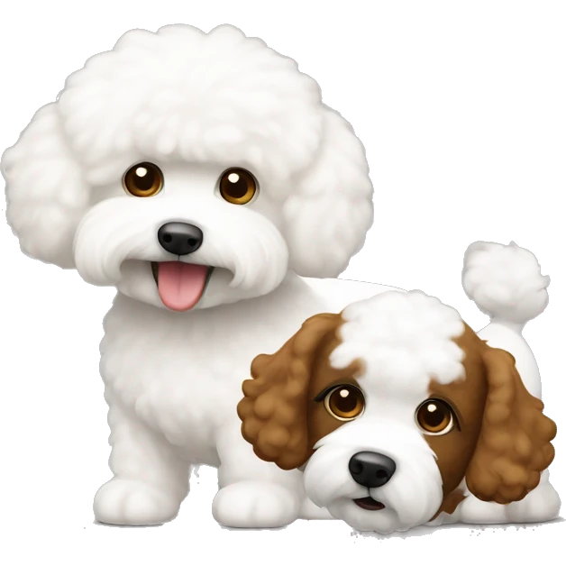 2 dog: white bichon frise and friend brown cockapoo emoji