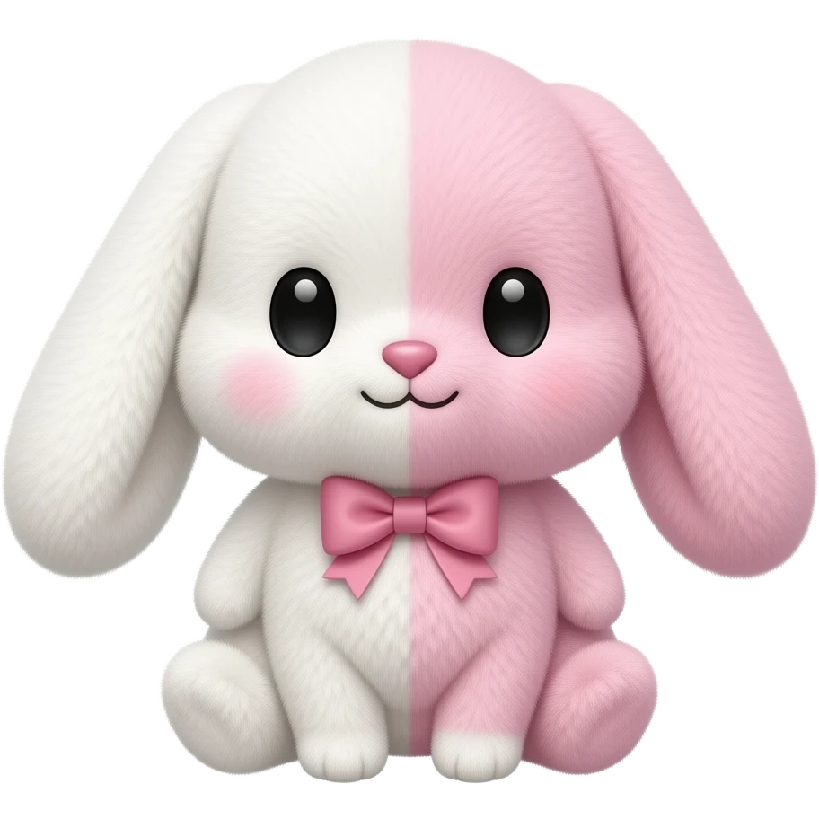 Um coelho de pelúcia metade branco é rosa as duas metafes com a cara fofa lacinho rosa ela se chama monomi emoji