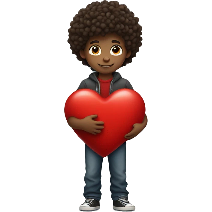 Curly boy holding a big red heart emoji