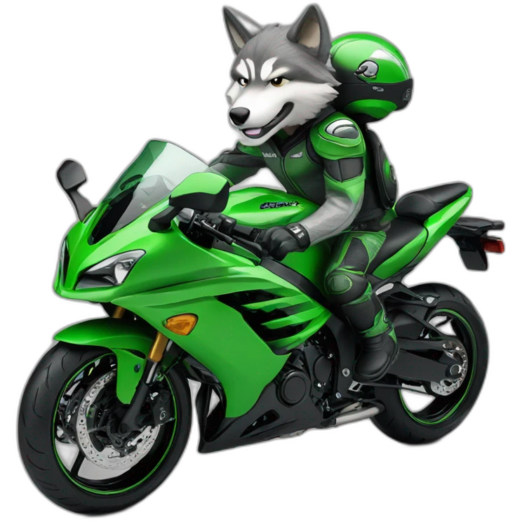 Gray wolf is riding on green Kawasaki ninja emoji