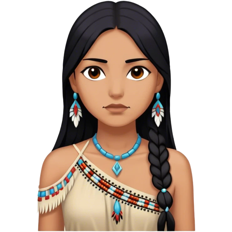 Cinematic Realistic Pocahontas Portrait, depicted with lifelike skin texture, soft natural lighting, and intricately detailed long, flowing raven-black hair that moves gracefully in the wind. Her deep, soulful dark brown eyes exude wisdom and strength, complemented by a serene yet powerful expression. She is dressed in her classic one-shoulder native american dress, with rich fabric textures and delicate beaded details that catch the light beautifully. The portrait features a soft, sun-kissed glow with a natural, radiant finish, capturing the essence of untamed beauty and deep connection to nature in a realistic and painterly style, evoking a sense of depth and authenticity. emoji