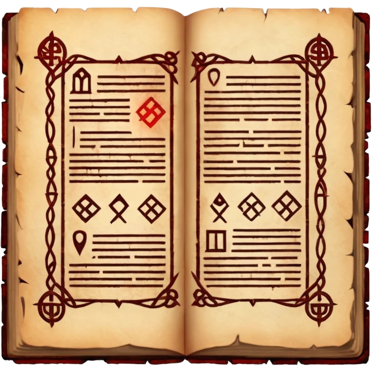 Ancient scripture page burned at the edges, cursed runes glowing faint red emoji