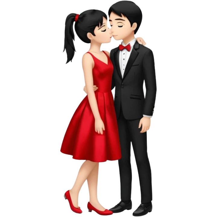 Make a girl has 18 years old black ponytail red dress, red flat and a boy has 19 years old black hair black tuxedo black shoes boy and girl kiss emoji