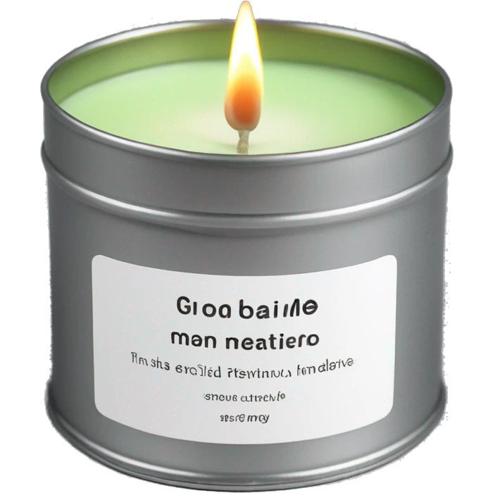 lit matcha scented candle in a silver tin with a small white label realistic emoji