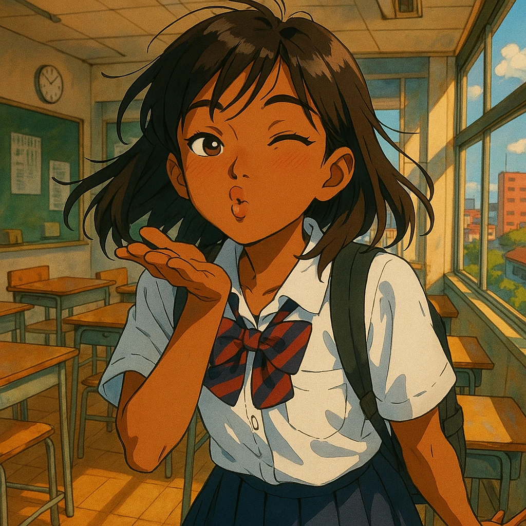 Japanese brown-skinned high school girl in a Tokyo school uniform, giving a mischievous kiss, inspired by romantic anime set in a Tokyo high school, expressive and playful pose, vibrant colors, detailed background with hints of a Japanese classroom or cityscape emoji