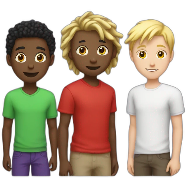 black boy in red shirt with short dreads next to a white boy in green shirt with short blonde hair, next to a white boy with brown hair, purple shirt emoji