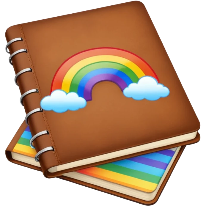 Brown leather bound note book, open with rainbow explosion emoji