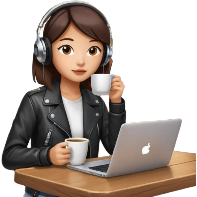 A Korean girl at a dive bar with a laptop and headphones on holding a cup of coffee emoji