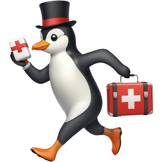 side view of a doctor penguin running with a top hat holding a first aid medical box with a red cross emoji