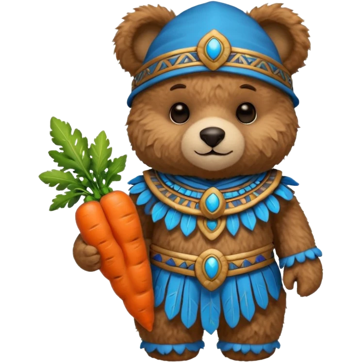 teddy bear Upper, wearing blue mayan ancient custome, with carrot half body emoji