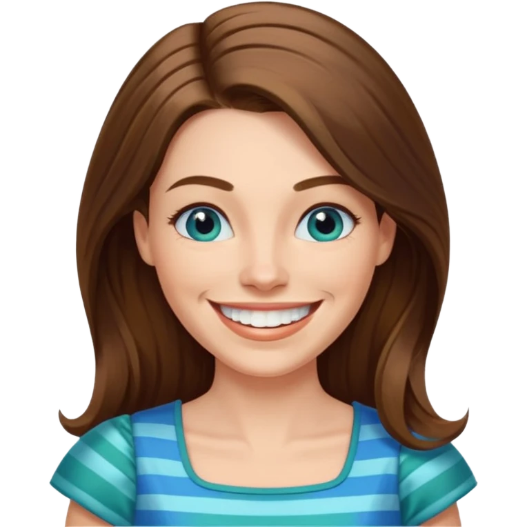 40 yr Caucasian woman, long brown hair parted on side, white stripe in hair, blue green dress ,big smile, white teeth, dimples, blue eyes emoji
