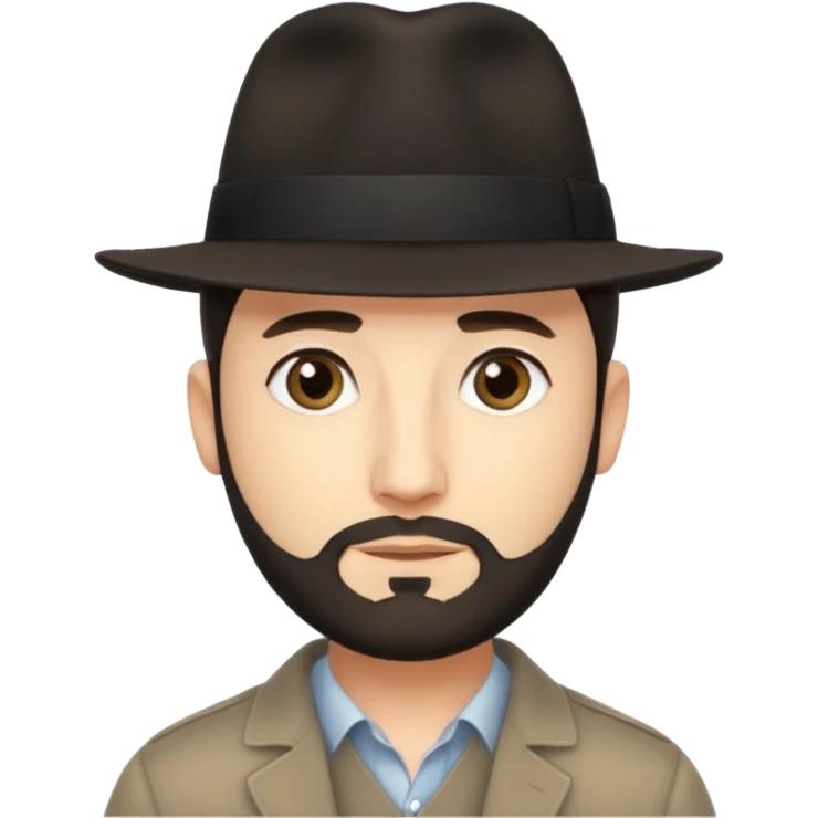 A light-skinned man with short dark hair, thin straight beard, and a black fedora, with an oval face and calm look. emoji