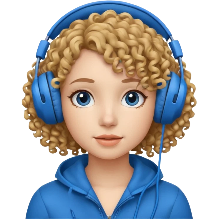 A girl with curly hair listening to music with blue headphones emoji