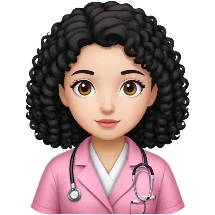una chica con bata rosa pelo risado pelo color negro y enfermera emoji