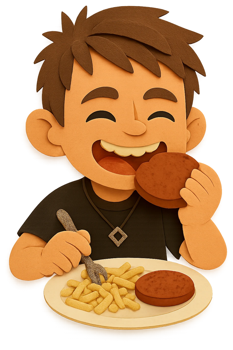 The same boy is now greedily chewing the meat patty, clearly enjoying it emoji