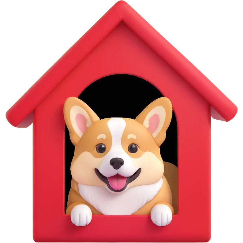 red dog house with a Corgi dog inside, Corgi visible through the doorway, semi-realistic with rounded, simplified emoji look emoji