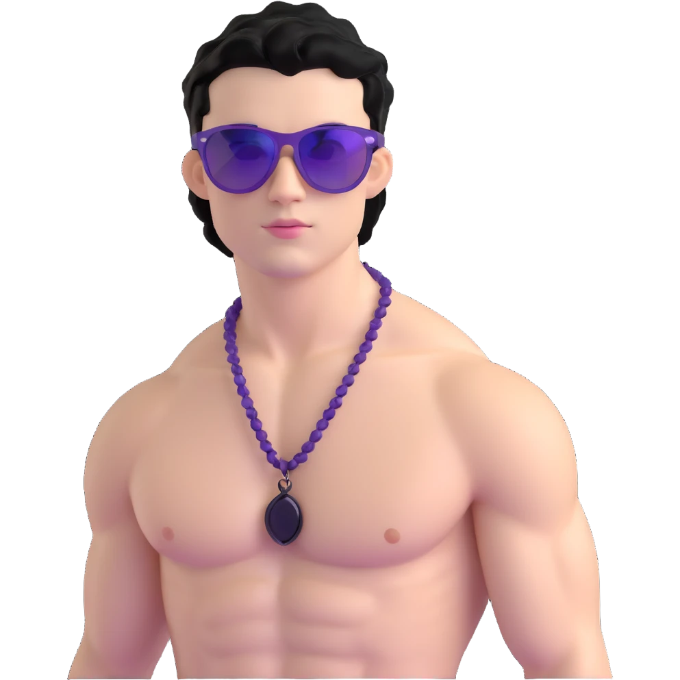 shirtless male athlete with white skin and moderately curly black hair on top with shaved sides, wearing purple sunglasses with black tinted lenses and a shiny black necklace emoji