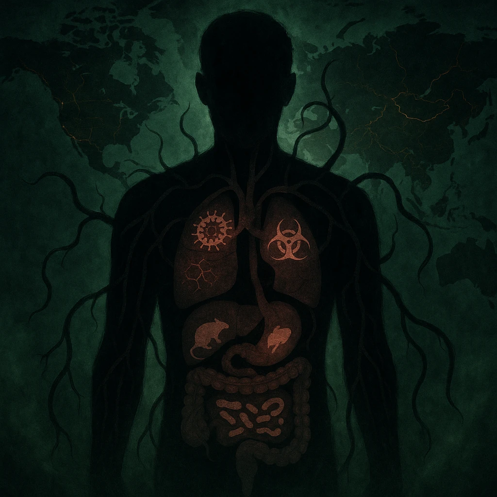 semi-realistic, moody style human silhouette, parasite tendrils reach organs, each organ with a faint disease symbol overlay, world map, glowing cracks, green mist emoji