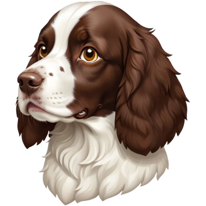 Cinematic Noble Springer Spaniel Portrait Emoji, Poised and regal, with a medium build and a glossy, well-groomed Fur of rich liver and white, deep-set soulful brown eyes, Simplified yet sharp and sophisticated features, highly detailed, glowing with a soft, dignified glow, high shine, intelligent and alert, stylized with an air of grace, focused and attentive, soft glowing outline, capturing the essence of a watchful and confident companion, so majestic it feels as though it could bound out of the screen with effortless authority! emoji